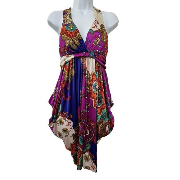 VTG Forever 21 Satin Babydoll Handkerchief Mini Dress Size M Colorful Y2K 2000s - Picture 1 of 7